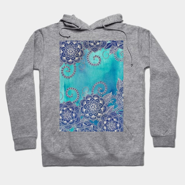 Mermaid's Garden - Navy & Teal Floral on Watercolor Hoodie by micklyn